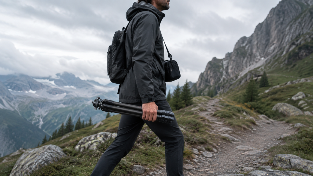 Travel photographer carrying a lightweight carbon-fiber tripod on a mountain hiking trail.