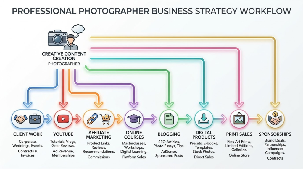Photography business workflow generating multiple income streams