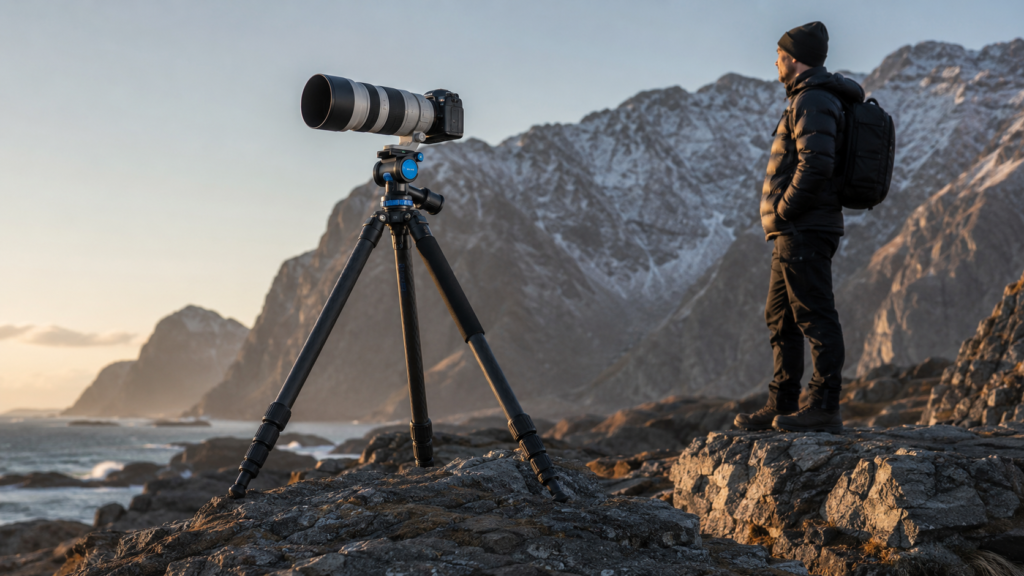 Full-size carbon tripod supporting a camera with a telephoto lens during professional landscape photography.
