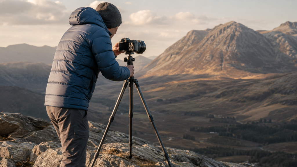 Mirrorless camera mounted on a versatile photography tripod while composing a landscape at sunset.