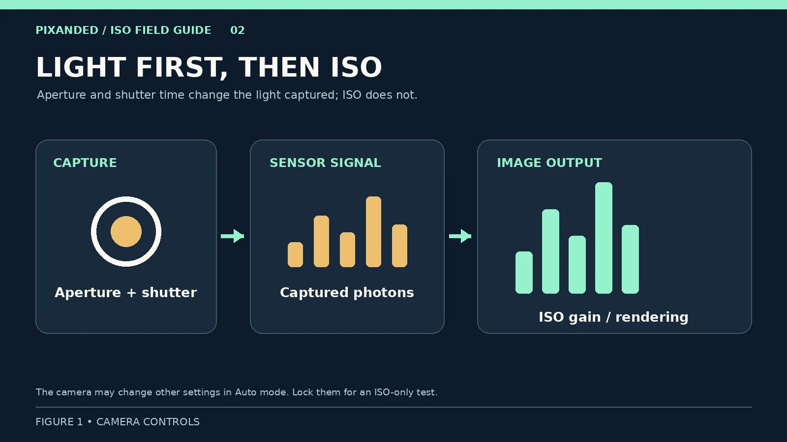 Diagram showing aperture and shutter controlling captured light, followed by sensor signal and ISO amplification.