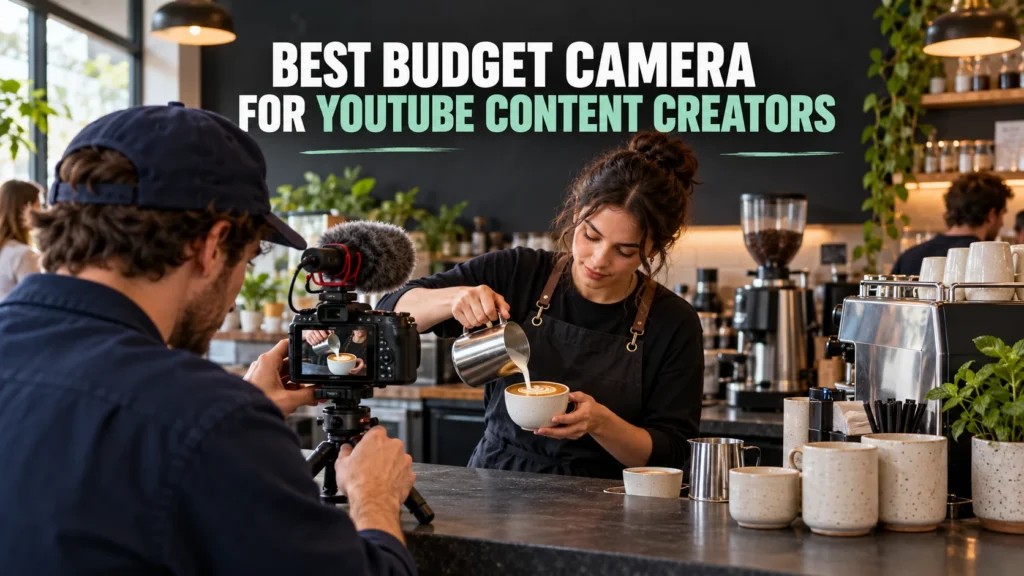 Best Budget Camera for YouTube. Creator filming a barista pouring milk into coffee, with the camera screen matching the action.