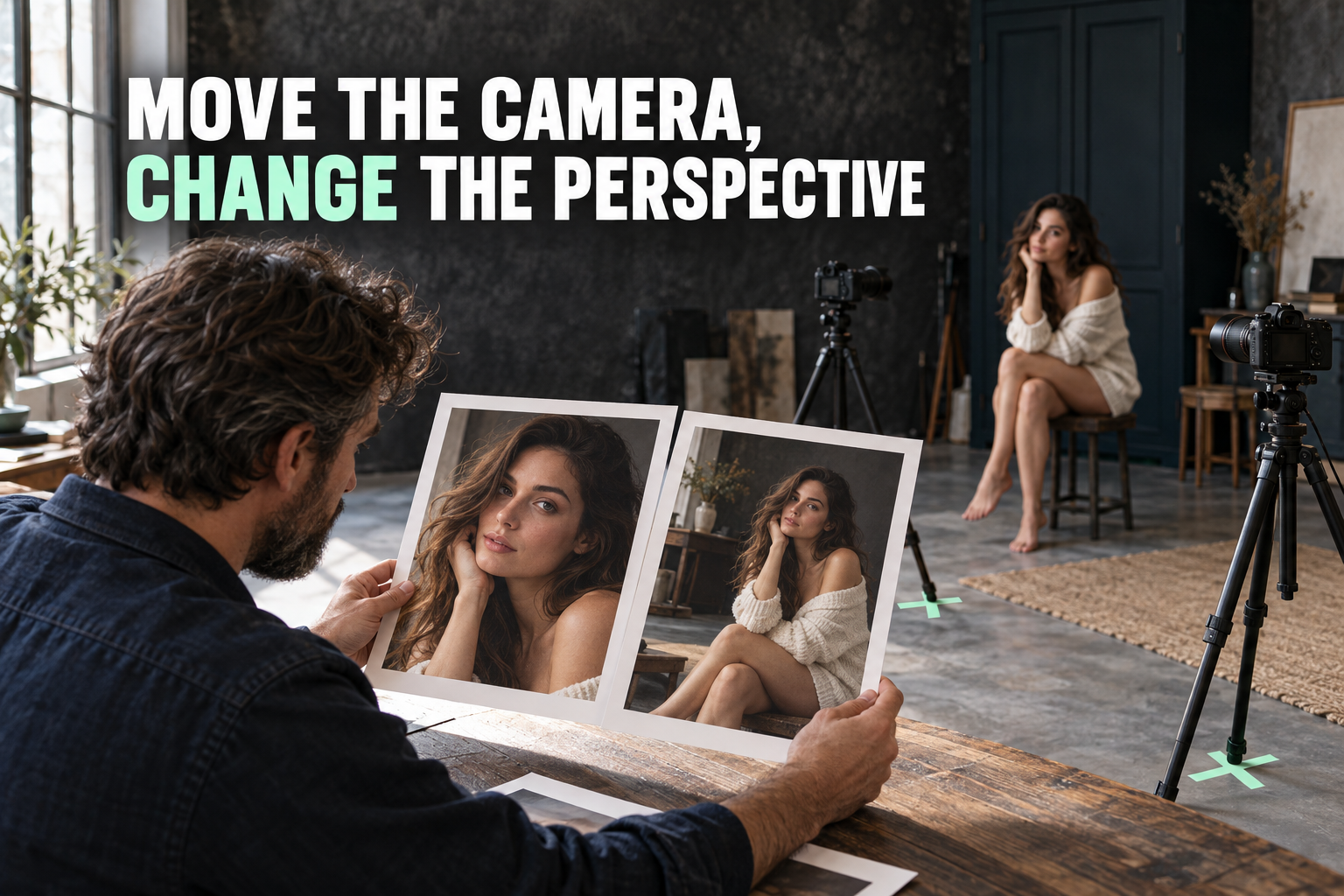 Photographer comparing two portrait prints made from different camera positions.
