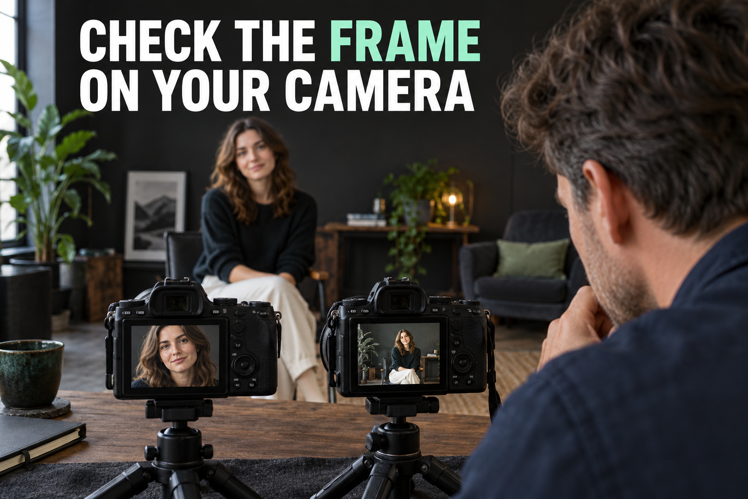 Photographer checking how two camera formats frame the same portrait subject from one position.