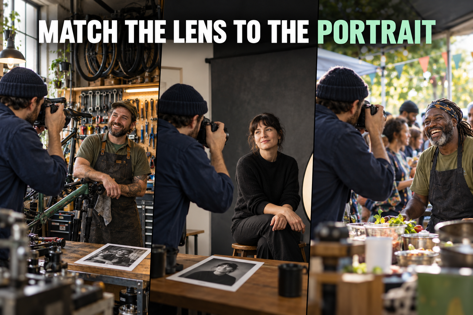 Photographer working on environmental, studio and event portraits in three real settings.