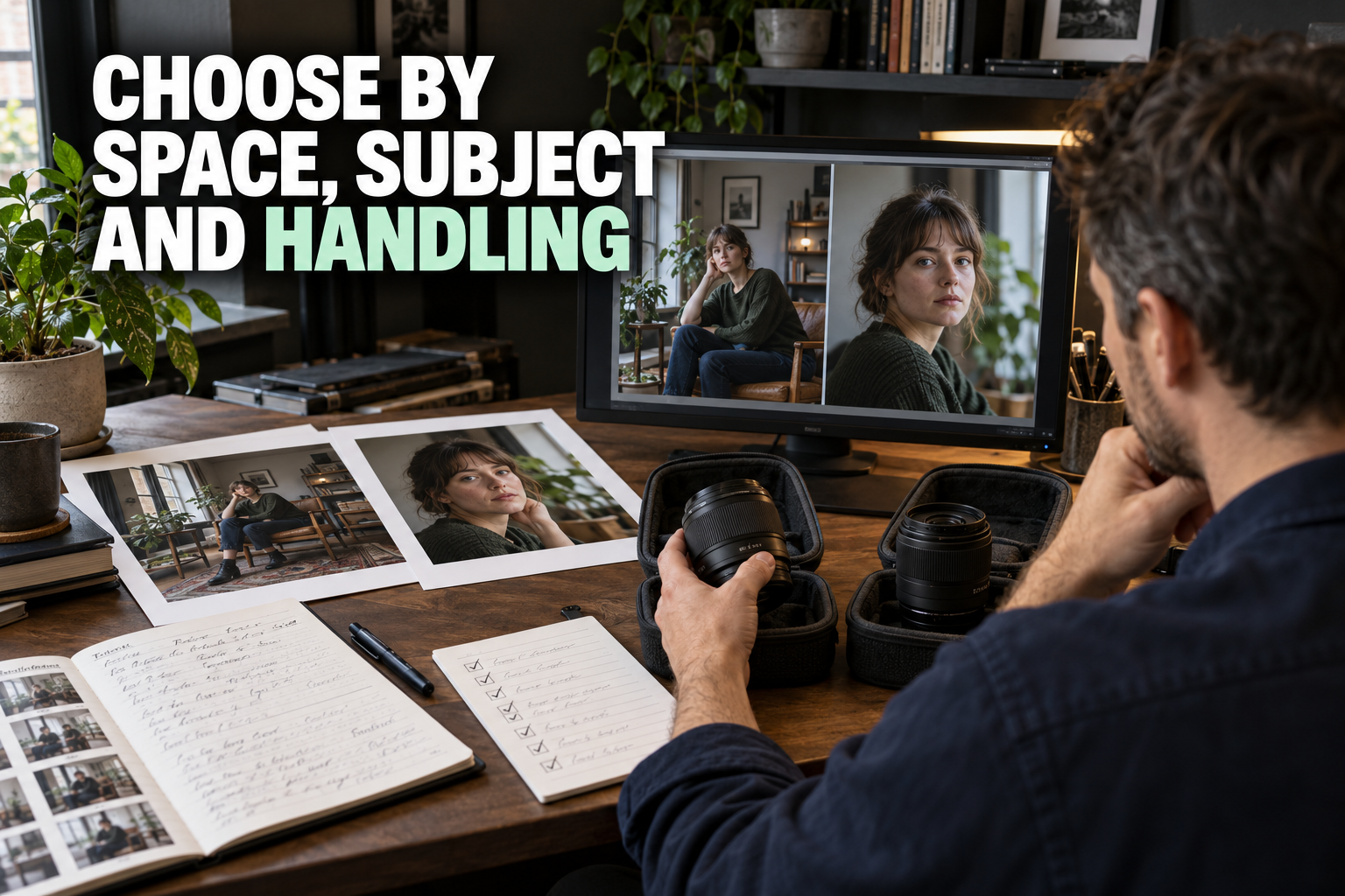 Photographer reviewing completed portrait images and assignment notes while comparing lens choices.