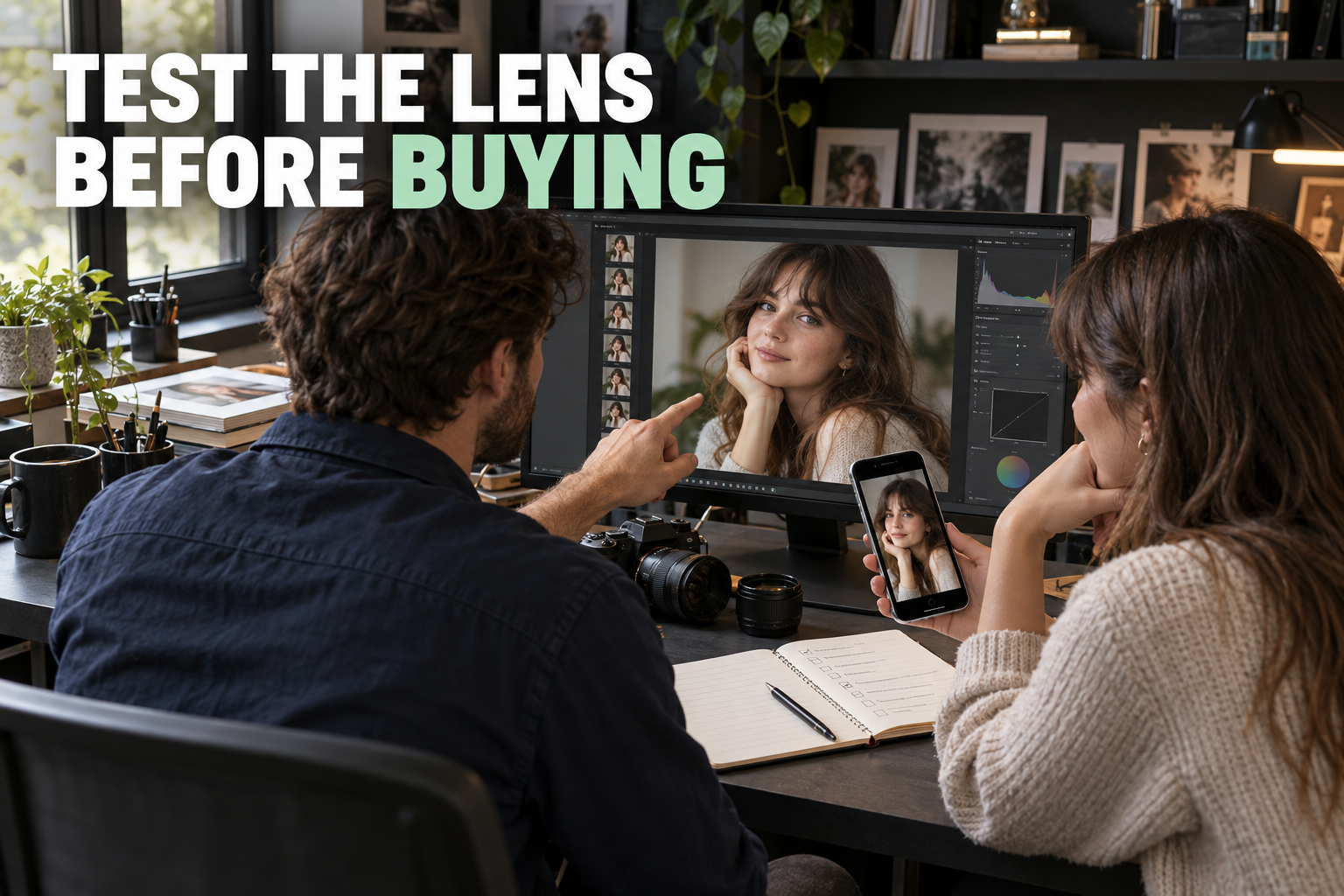 Photographer comparing a finished portrait on a monitor and phone after a lens test.
