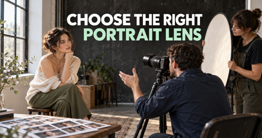 Photographer directing a portrait subject in a working studio while checking camera position and light.