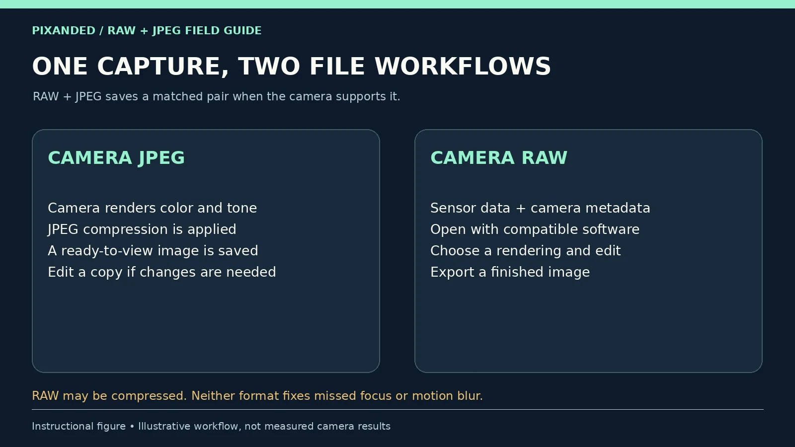 Diagram comparing the camera JPEG rendering workflow with a camera RAW editing and export workflow.