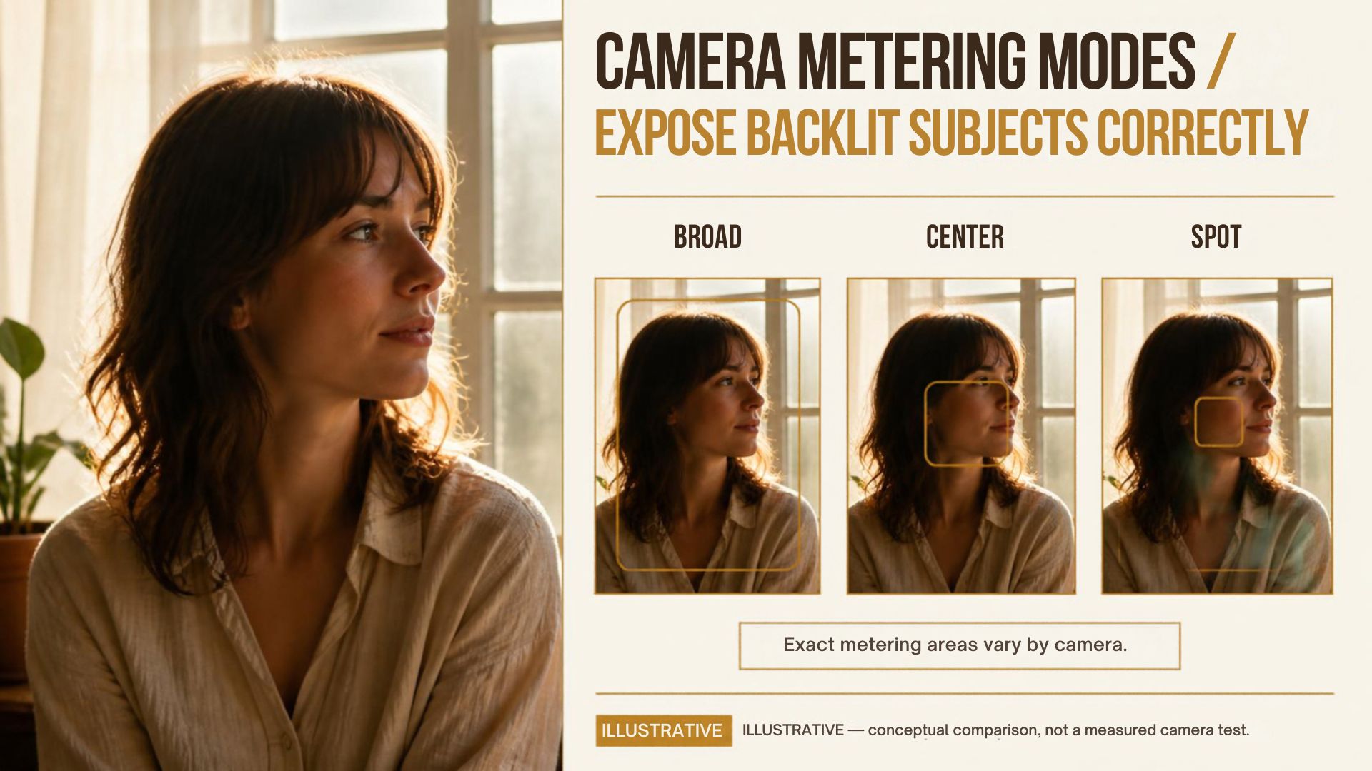Camera metering modes. Conceptual broad, center and spot metering areas on the same backlit portrait.