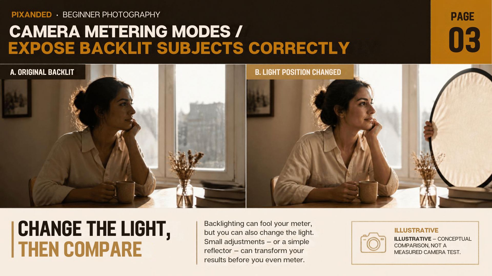 Illustrative backlit portrait comparison with and without reflected light.