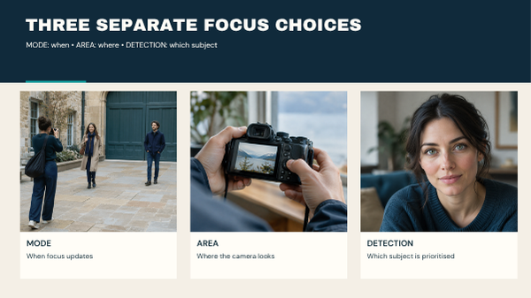Autofocus modes. Photographic examples explaining autofocus mode, focus area and subject detection.