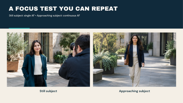Standing and approaching portrait subjects illustrating two autofocus practice situations.