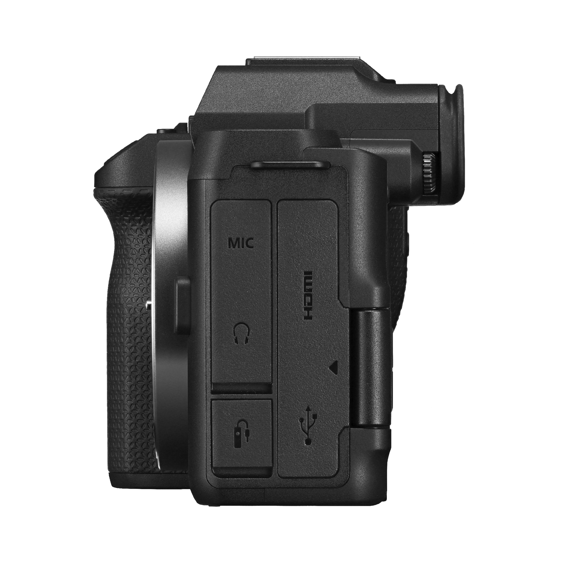 Official Canon EOS R8 Mark II product image showing microphone, HDMI, headphone and USB connections.
