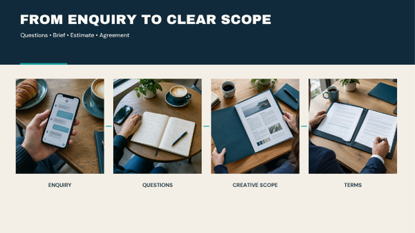 photography or video brief Phone enquiry, planning notes, creative brief and agreement documents explaining how scope is defined.