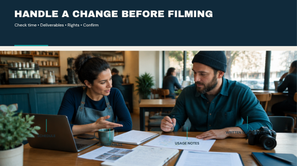 Café owner and videographer checking schedule, deliverables, usage notes and written confirmation.
