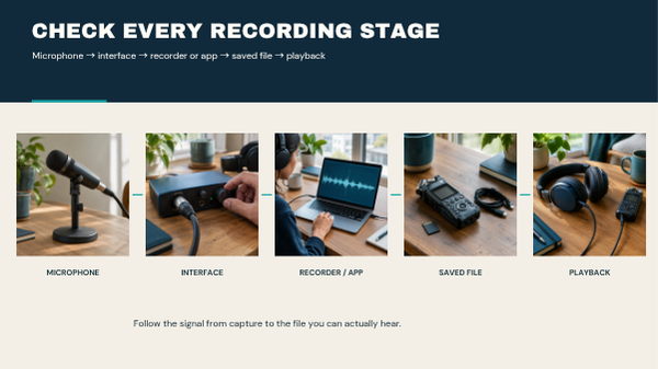 Microphone, audio interface, recording computer and headphones illustrating an audio recording chain.