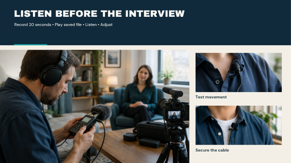 Videographer checking audio playback, with close-ups of lavalier placement and cable securing.