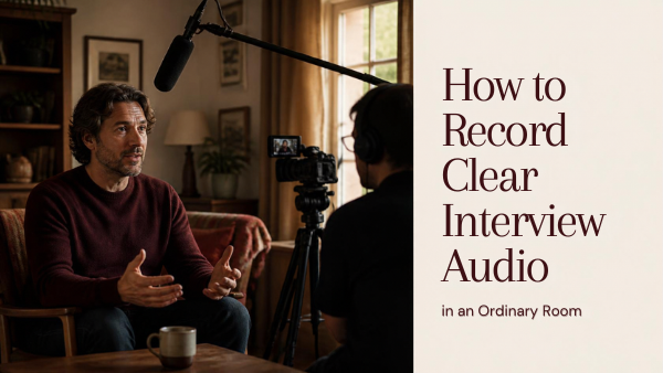 Seated interview subject with a close boom microphone and recording camera in a warm furnished room.