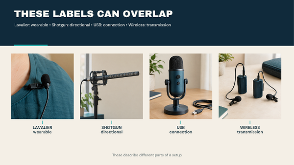 lavalier vs shotgun vs USB microphone. Photographic examples of a lavalier, shotgun microphone, USB microphone and wireless equipment.