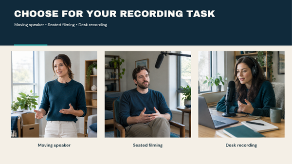 Moving presenter, seated interview and desk recording showing different microphone placements.