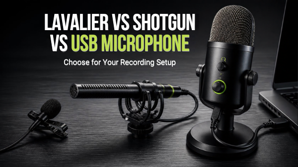 Lavalier, shotgun and USB microphones arranged on a charcoal recording desk with cables and a laptop.