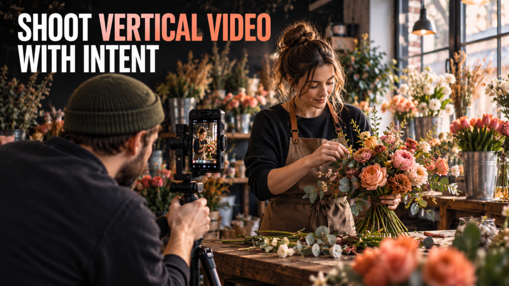 Videographer recording a florist arranging a bouquet in a vertical frame.