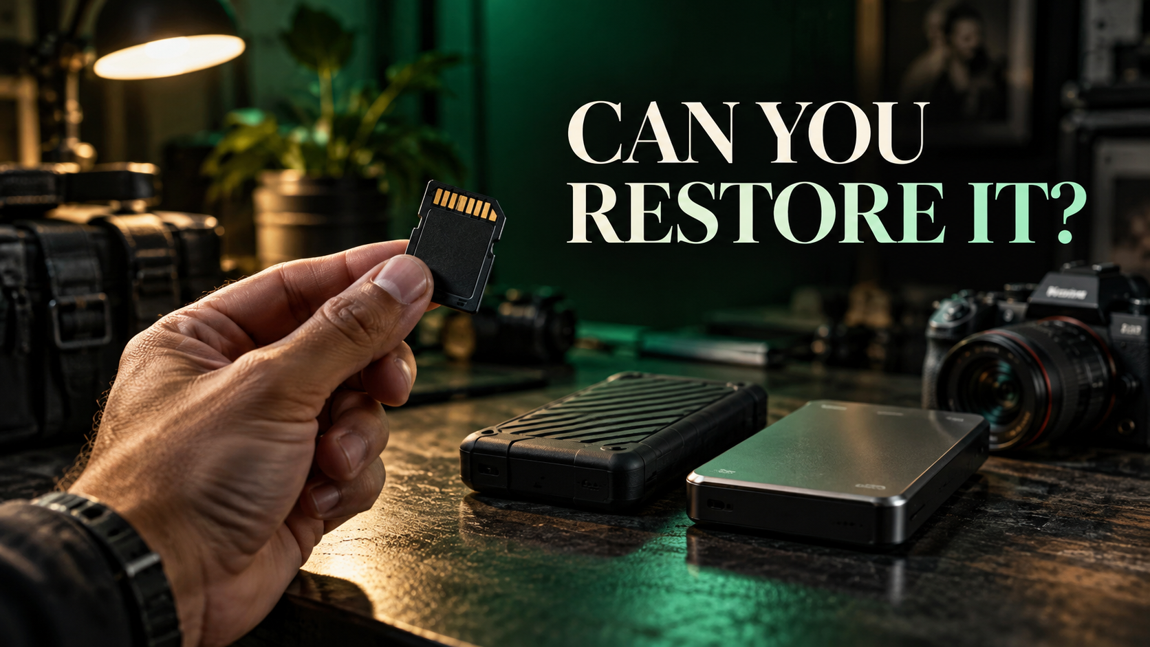 Camera memory cards, storage drives and laptop arranged for a photo and video backup workflow.