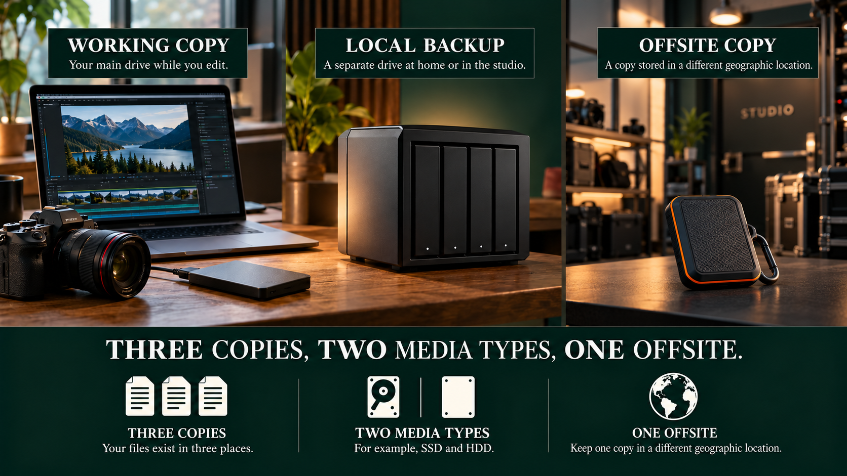 Three-two-one backup diagram showing working, local backup and offsite copies.