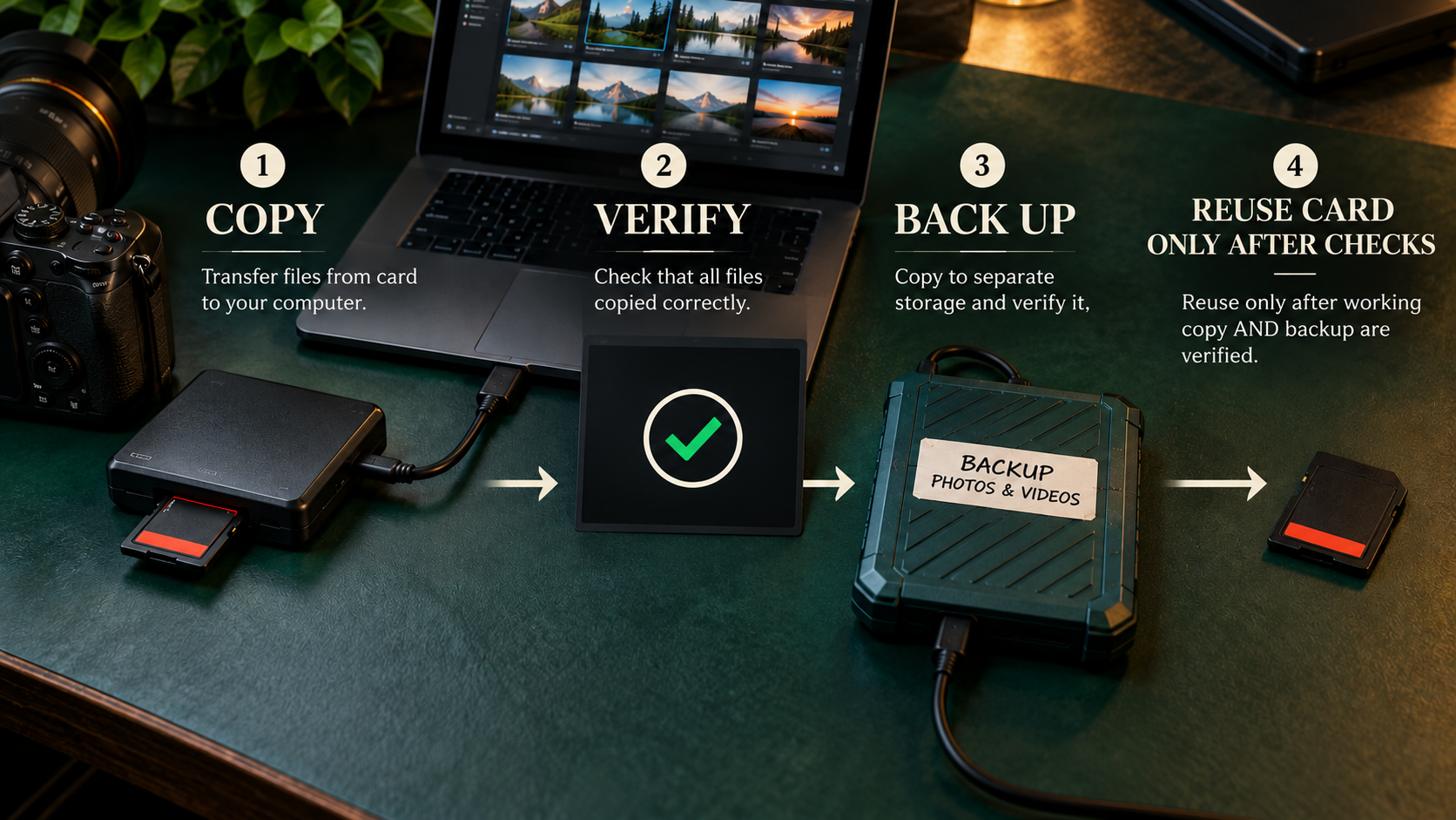 Memory card transfer workflow showing file copying and verification before the card is reused.