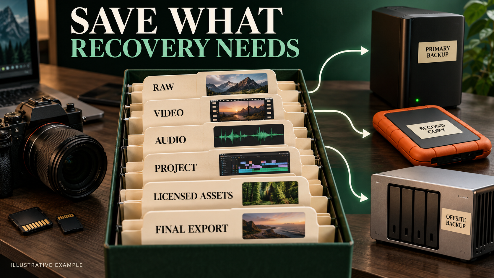 Project backup inventory listing raw photos, video, audio, editing files, licensed assets and exports.