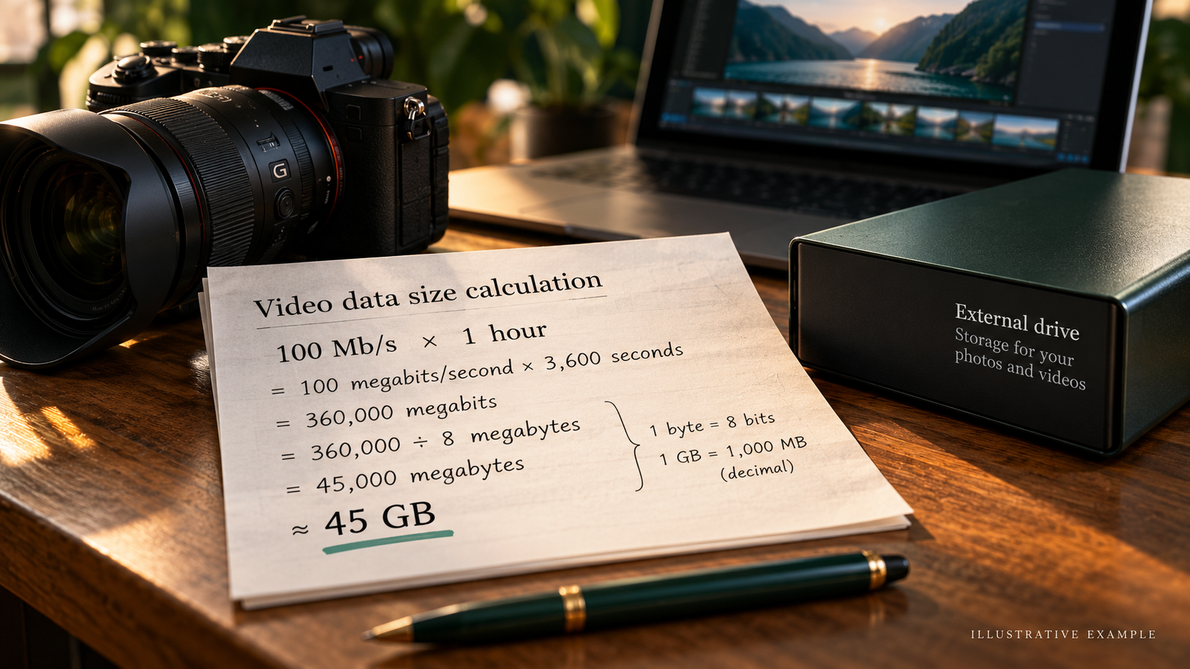 Storage calculation showing that one hour of video at 100 megabits per second requires about 45 gigabytes.