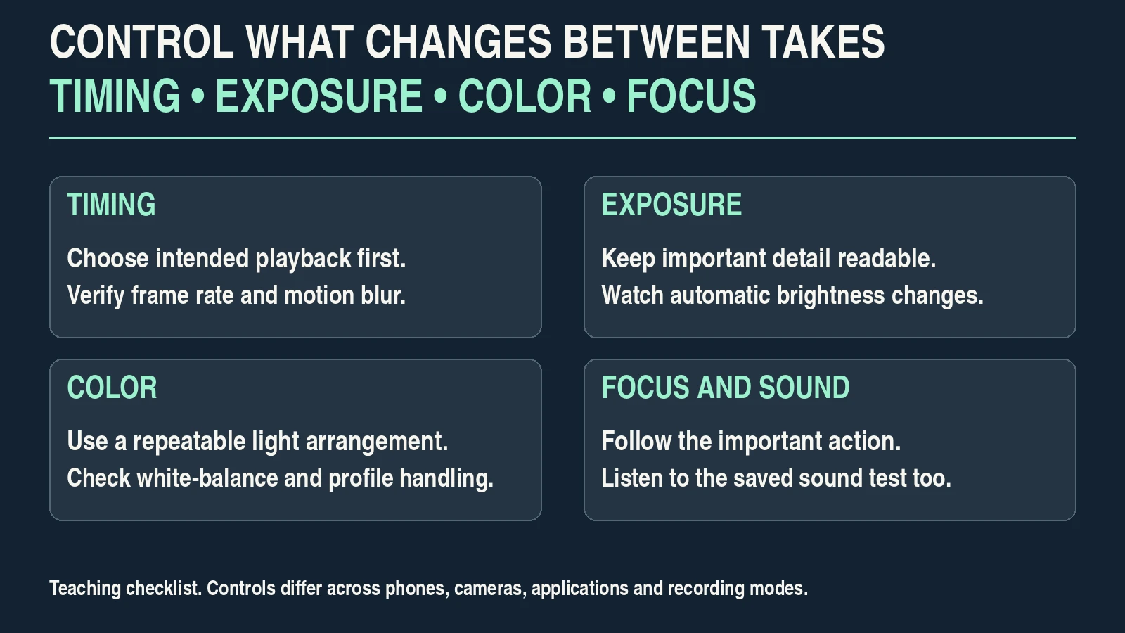 Checklist for consistent video timing, exposure, color, focus and sound between takes.