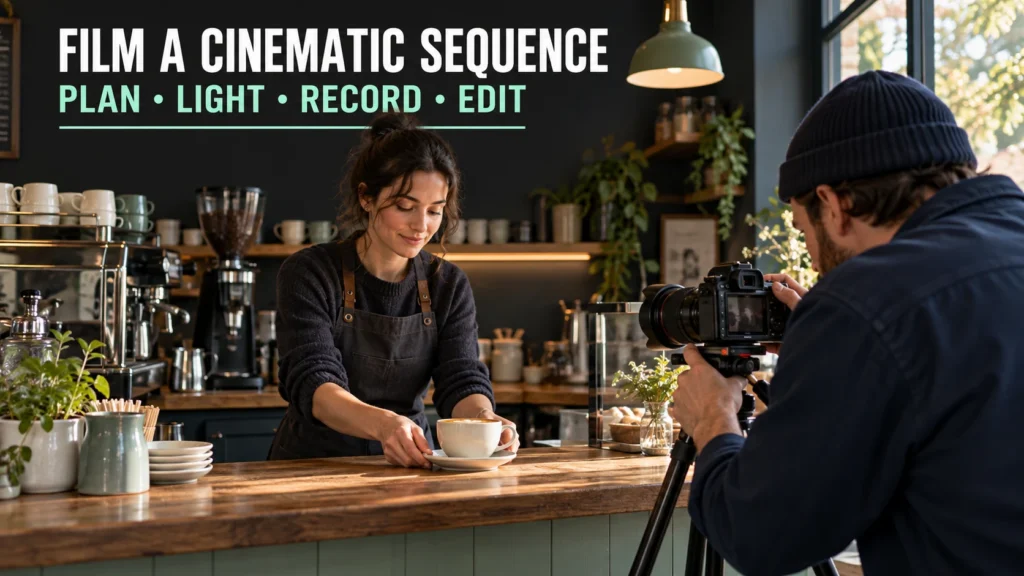 Filmmaker using a tripod-mounted camera to record a barista placing a coffee cup on a café counter.