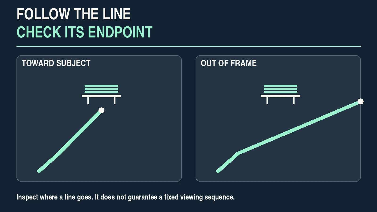 Conceptual paths leading toward a bench or leaving the frame.