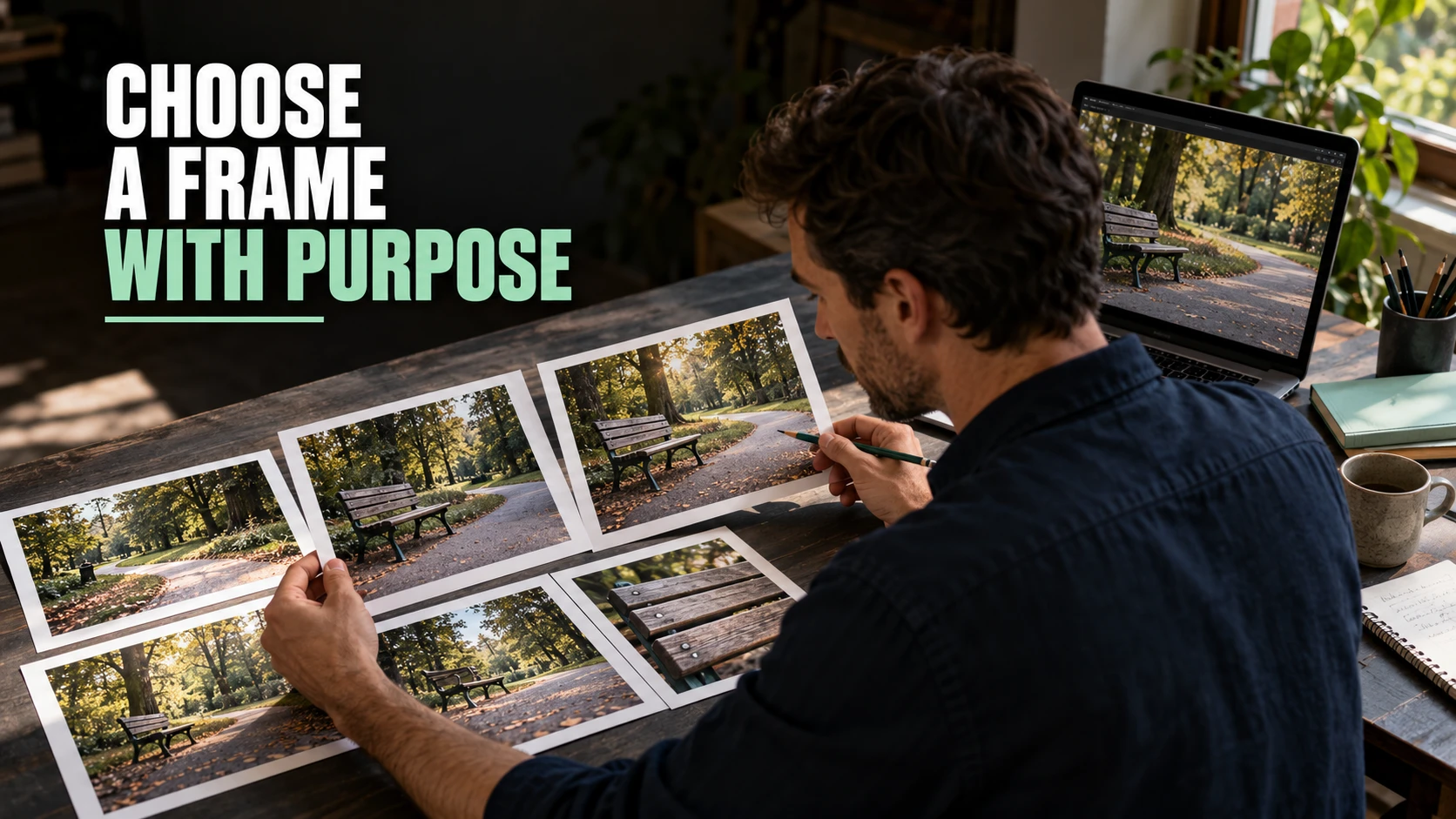 Photographer comparing six park-bench compositions in prints and on a laptop.