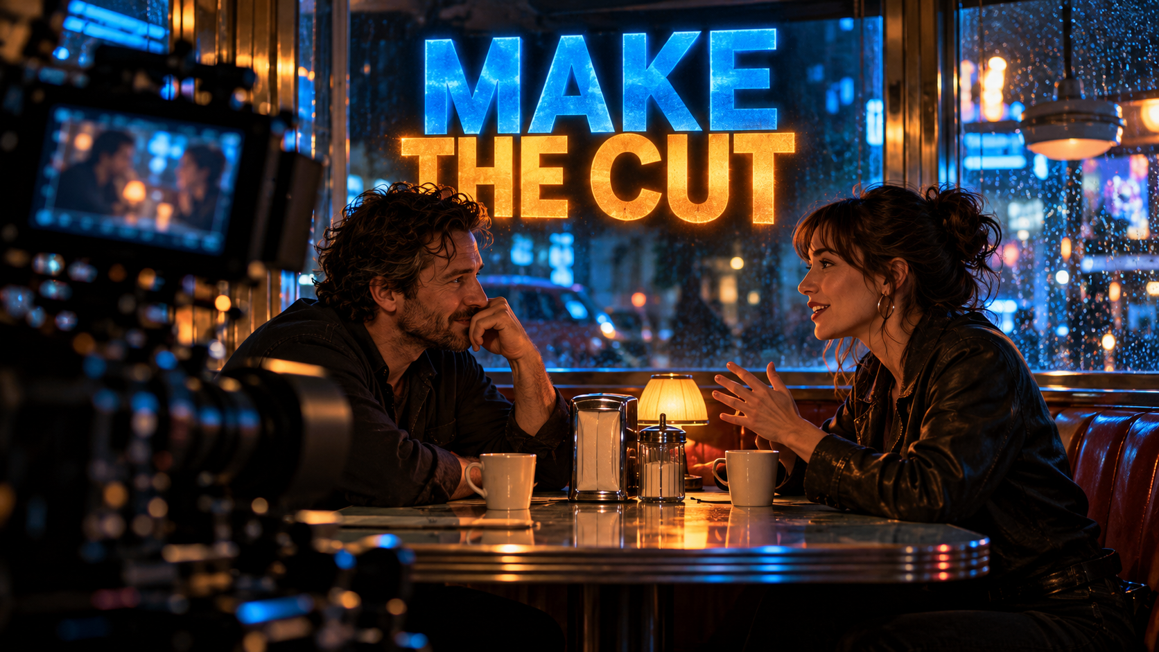 Two people speaking across a diner table in a cinematic blue-and-amber lighting setup.