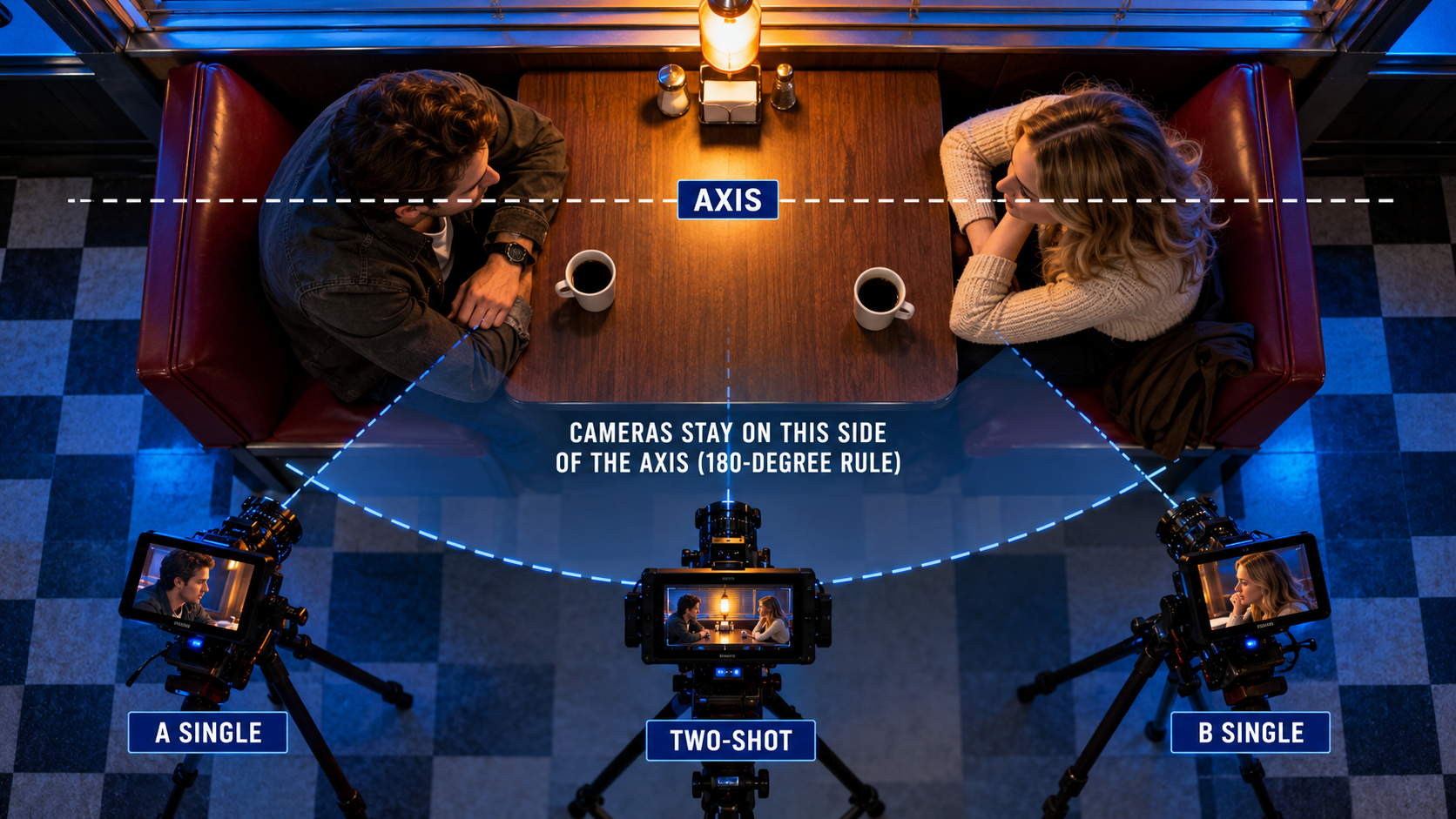 Overhead two-person camera setup showing the action axis and camera positions on the same side.