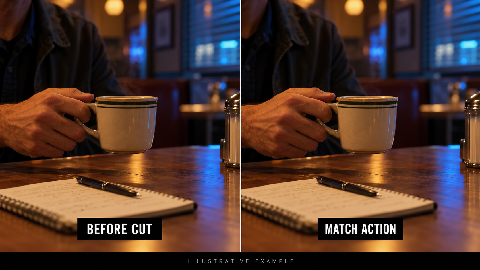 Continuity comparison showing consistent hand and cup positions across two conversation shots.
