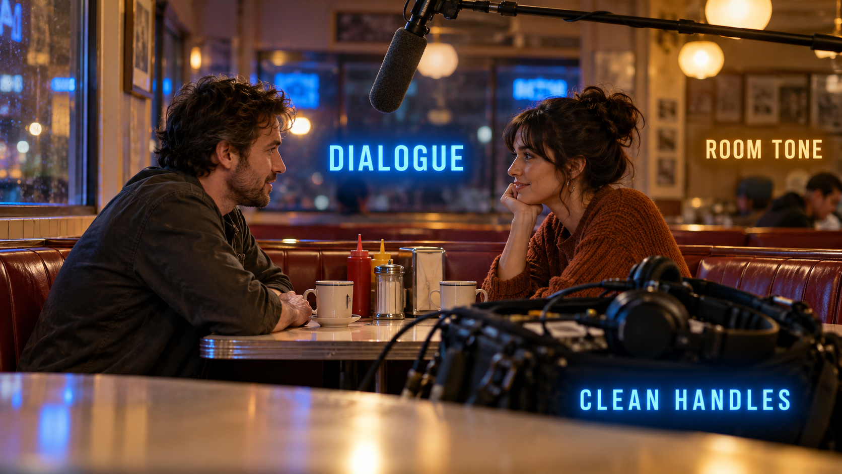 Two-person dialogue filming setup with a boom microphone and audio recorder near the camera.