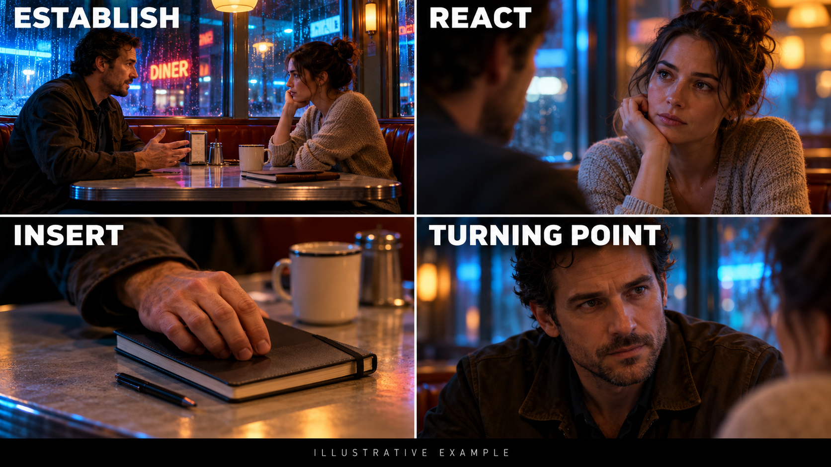 Four-shot dialogue storyboard showing an establishing view, reaction, notebook insert and turning point.