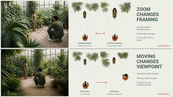 Diagram contrasting focal-length changes at a fixed position with a changed camera viewpoint.