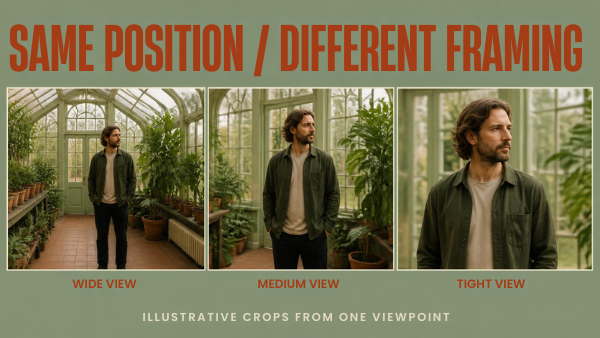 Illustrative wide, medium and tight crops of a conservatory portrait from one viewpoint.