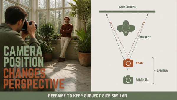 Photographer and top-down plan showing near and farther camera positions relative to a subject and background.