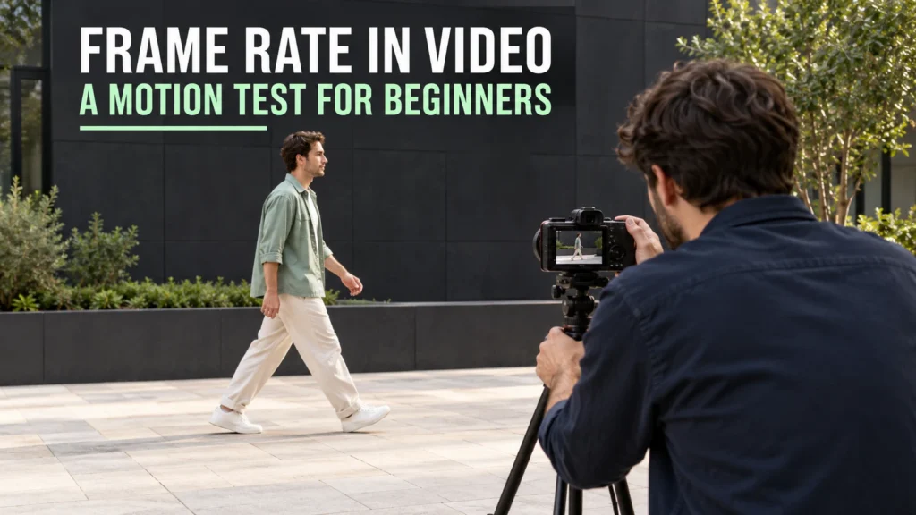 Videographer recording a consenting adult walking across a quiet courtyard with a tripod-mounted camera.