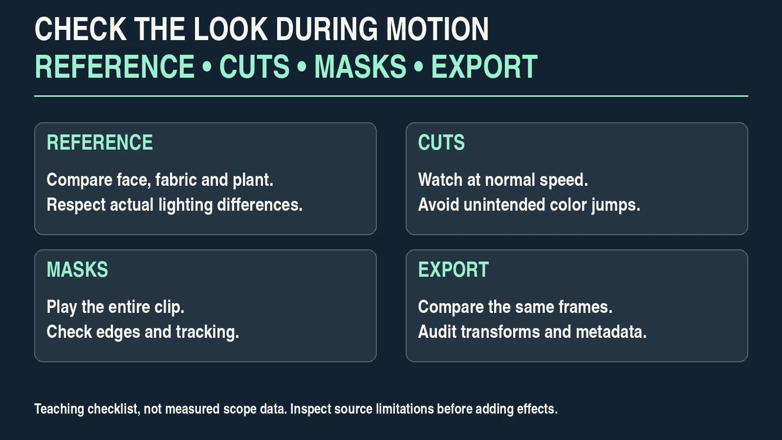 Checklist for grading references, adjacent cuts, moving masks and the exported file.