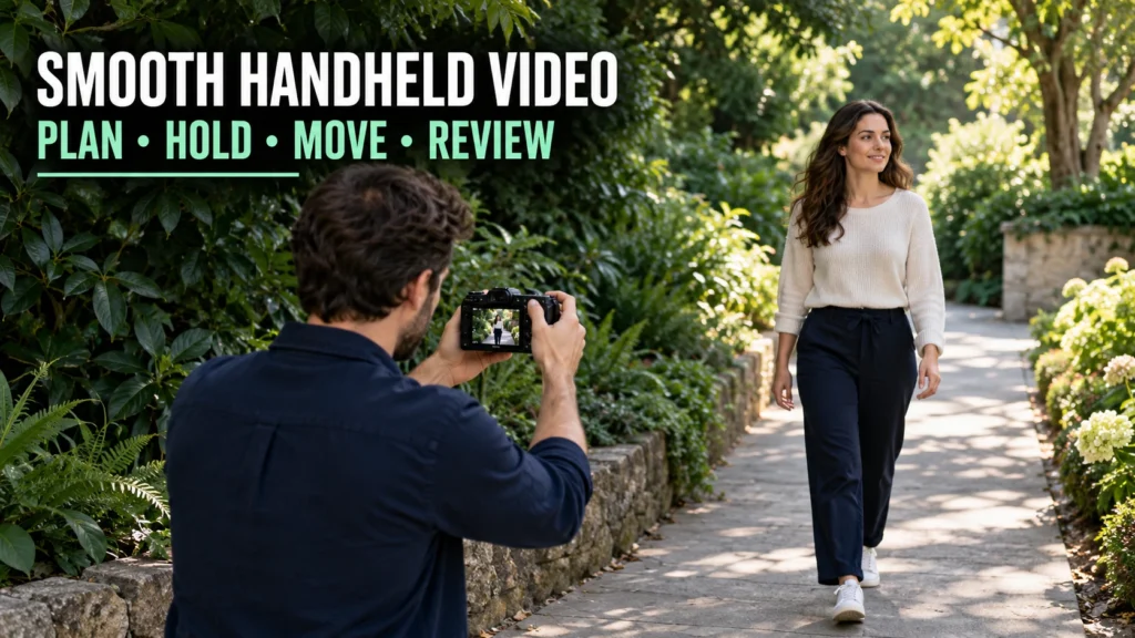 Filmmaker holding a compact camera with both hands while filming a consenting adult on a garden path.