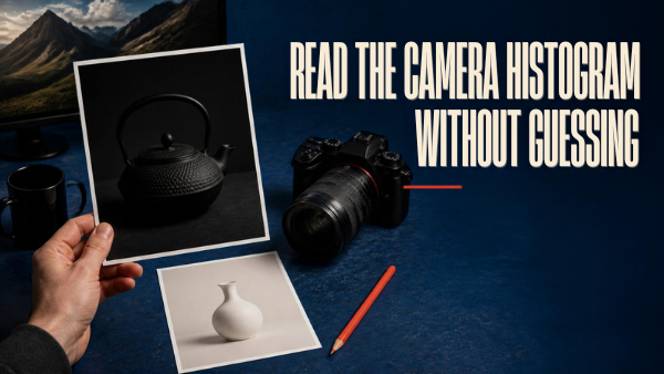 Photographer holding a dark-object print beside a pale-object print and camera on a blue desk.