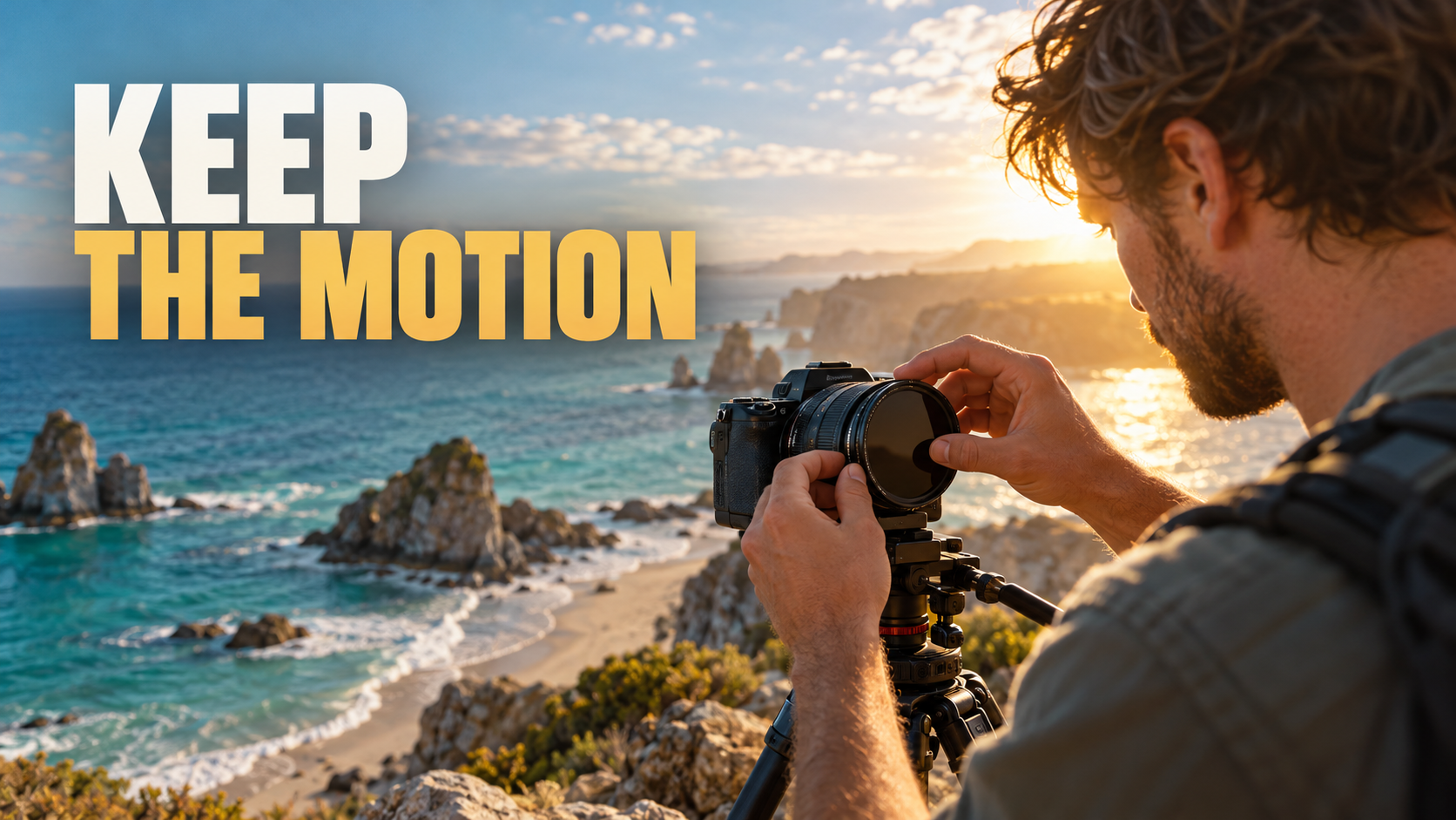 Filmmaker shooting outdoors in bright coastal light with a neutral density filter on the camera lens.