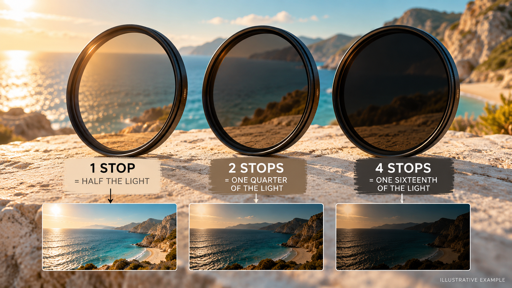 ND filter comparison showing one-half, one-quarter and one-sixteenth of incoming light passing through different filter strengths.